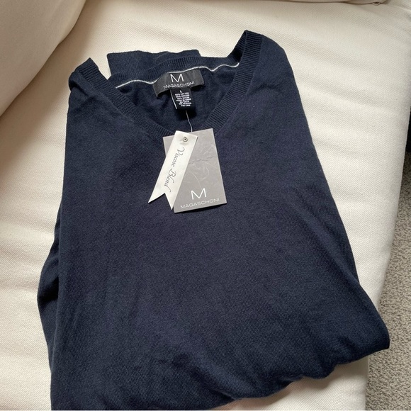 Men’s Sweater Large Magaschoni Long Sleeve V Neck Knitted Pull On Navy Blue 3046 - Picture 4 of 7